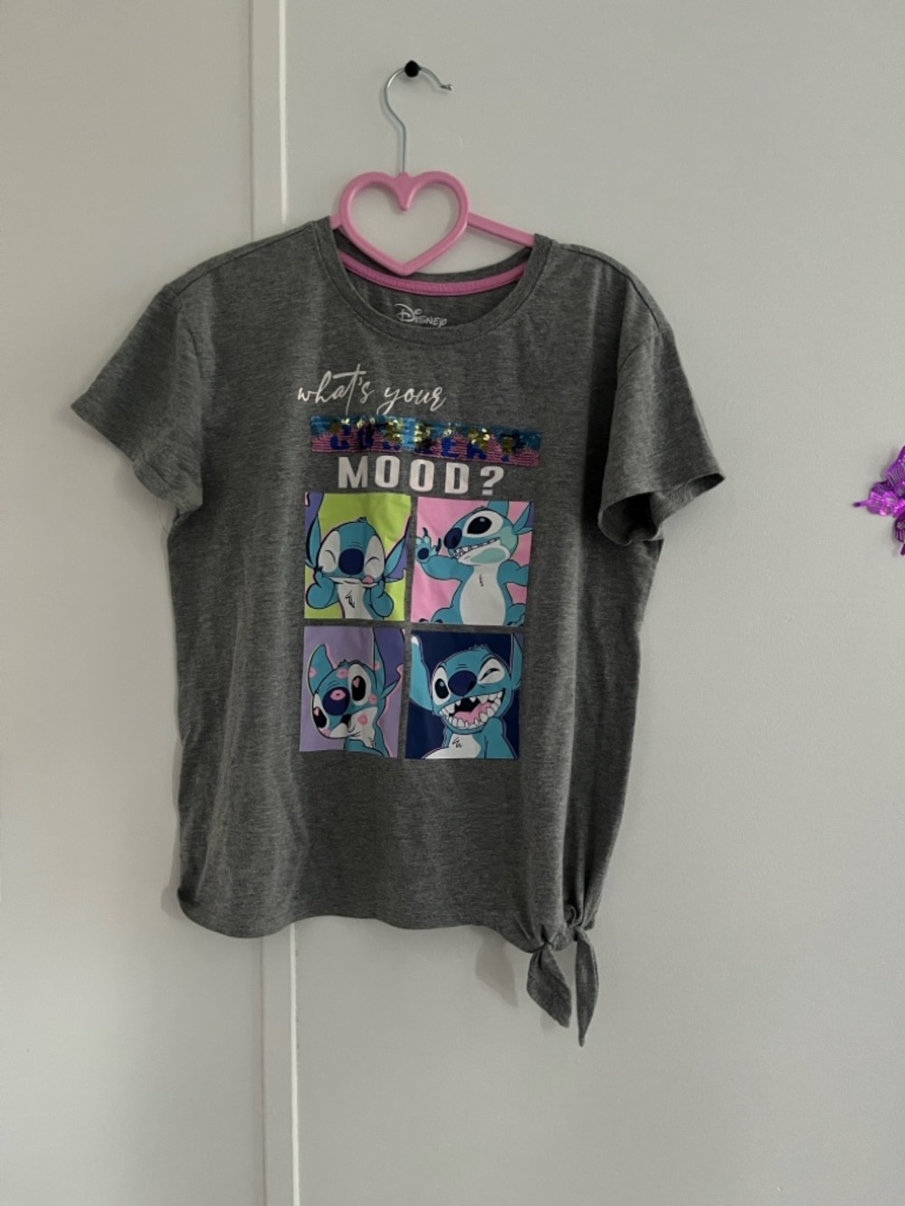 Disney Gray Kids Tee with Colorful Stitch Panels and Side Tie